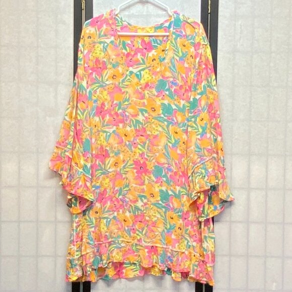 Anne Cole Ruffle Bell Sleeve V Neck Sheer Crinkle Bright Floral Tunic Dress NEW - Picture 6 of 13